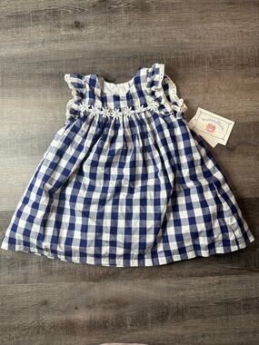 Marmalatte Navy Blue White Checkered Dress Floral Belt 24 Month 100% Cotton NWT